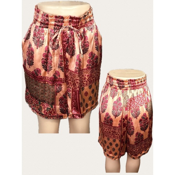 Kaktus Pants - Kaktus Womens +1X Peach Floral Patchwork Satin Gathered Waist Shorts High Rise
